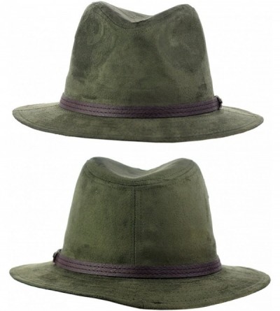 Fedoras Trendy Faux Suede Fedora Trilby Straight Brim Hat with Band - Olive - CX12M0W1B4L $13.91