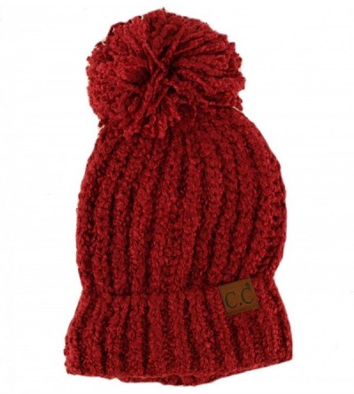 Skullies & Beanies Winter CC Soft Chenille Pom Pom Warm Chunky Stretchy Knit Beanie Cap Hat - Burgundy - CT187GDOHZX $25.51