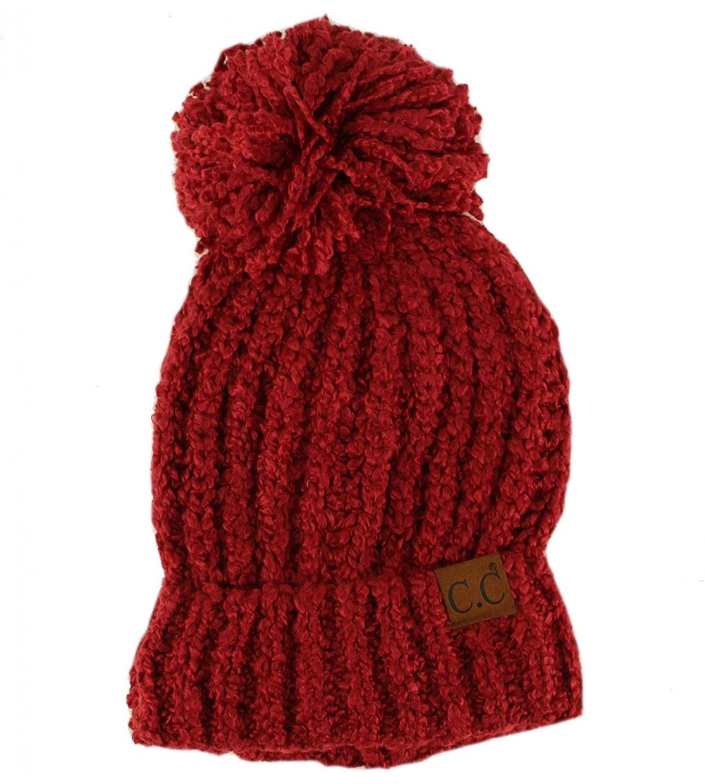 Skullies & Beanies Winter CC Soft Chenille Pom Pom Warm Chunky Stretchy Knit Beanie Cap Hat - Burgundy - CT187GDOHZX $12.23