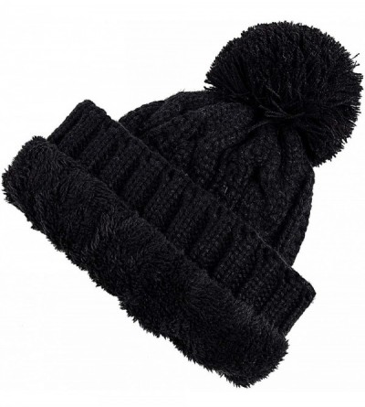 Skullies & Beanies Women Winter Knit Hat Warm Fleece Lined Pom Pom Beanie Hat - 1-black - CE18ZD34AIT $8.18