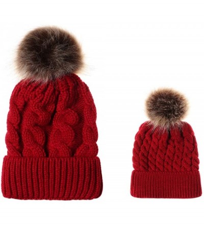 Berets Mom And Baby Knitting Wool Hemming Hat Keep Warm Winter Fur Ball Hat Cap - Wine - CG18IRIK9XH $11.52