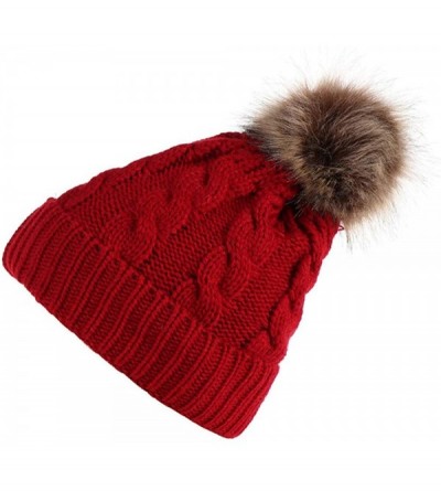 Berets Mom And Baby Knitting Wool Hemming Hat Keep Warm Winter Fur Ball Hat Cap - Wine - CG18IRIK9XH $11.52