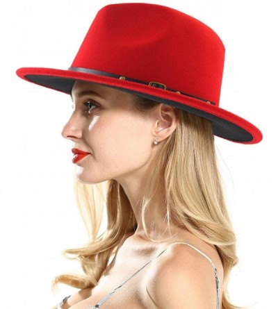 Fedoras Wool Felt Jazz Fedora Hat Men Women Patchwork Leather Band Wide Brim Felt Hat Panama Trilby hat - Black Red - CK18OXL...