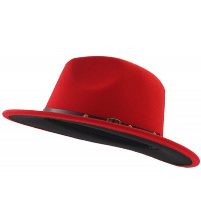 Fedoras Wool Felt Jazz Fedora Hat Men Women Patchwork Leather Band Wide Brim Felt Hat Panama Trilby hat - Black Red - CK18OXL...