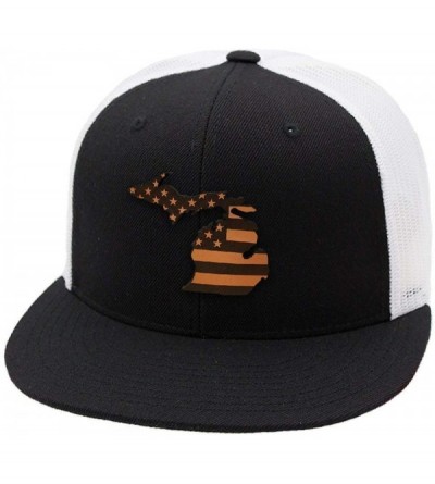 Baseball Caps 'Michigan Patriot' Leather Patch Hat Flat Trucker - OSFA/Heather Grey/Black - CY18IGQXTHA $20.30