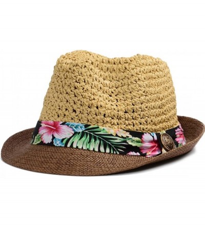 Fedoras Women Summer Beach Brim Straw Fedora Hat Sun Hats - Khaki - C712FGZEHEP $28.30
