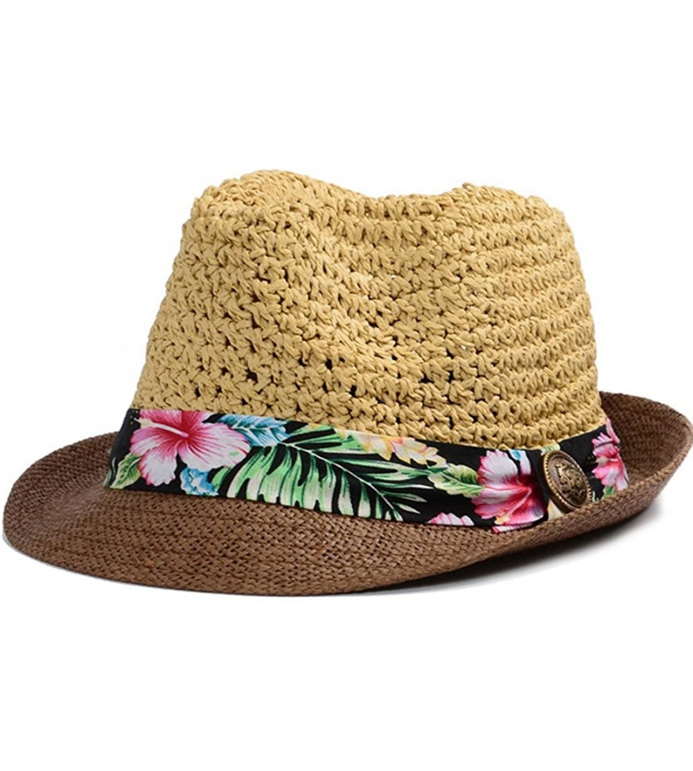 Fedoras Women Summer Beach Brim Straw Fedora Hat Sun Hats - Khaki - C712FGZEHEP $11.03