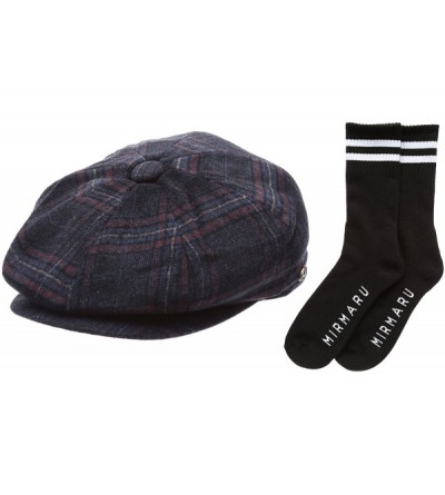 Newsboy Caps Men's Premium 100% Wool 8Panels Plaid Herringbone Newsboy Hat with Socks. - 2321-bluered - C512MYBAVYI $31.46