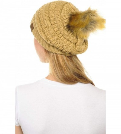 Skullies & Beanies Hat-43 Thick Warm Cap Hat Skully Faux Fur Pom Pom Cable Knit Beanie - Camel - CA18X7SWXXI $12.51