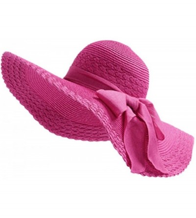 Sun Hats Womens Sun Straw Hat Foldable Large Wide Brim Travel Beach Bow Bucket Cord Visor Cap - Rose - CM17YLCK8H4 $12.20