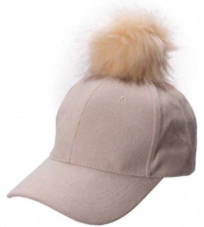 Baseball Caps Womens Adjustable Suede Baseball Cap Hip-Hop Hat Faux Fur Pom Pom A383 - Beige - C4187DG8LTO $23.93