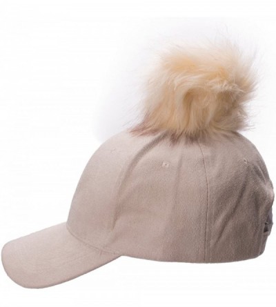 Baseball Caps Womens Adjustable Suede Baseball Cap Hip-Hop Hat Faux Fur Pom Pom A383 - Beige - C4187DG8LTO $11.00