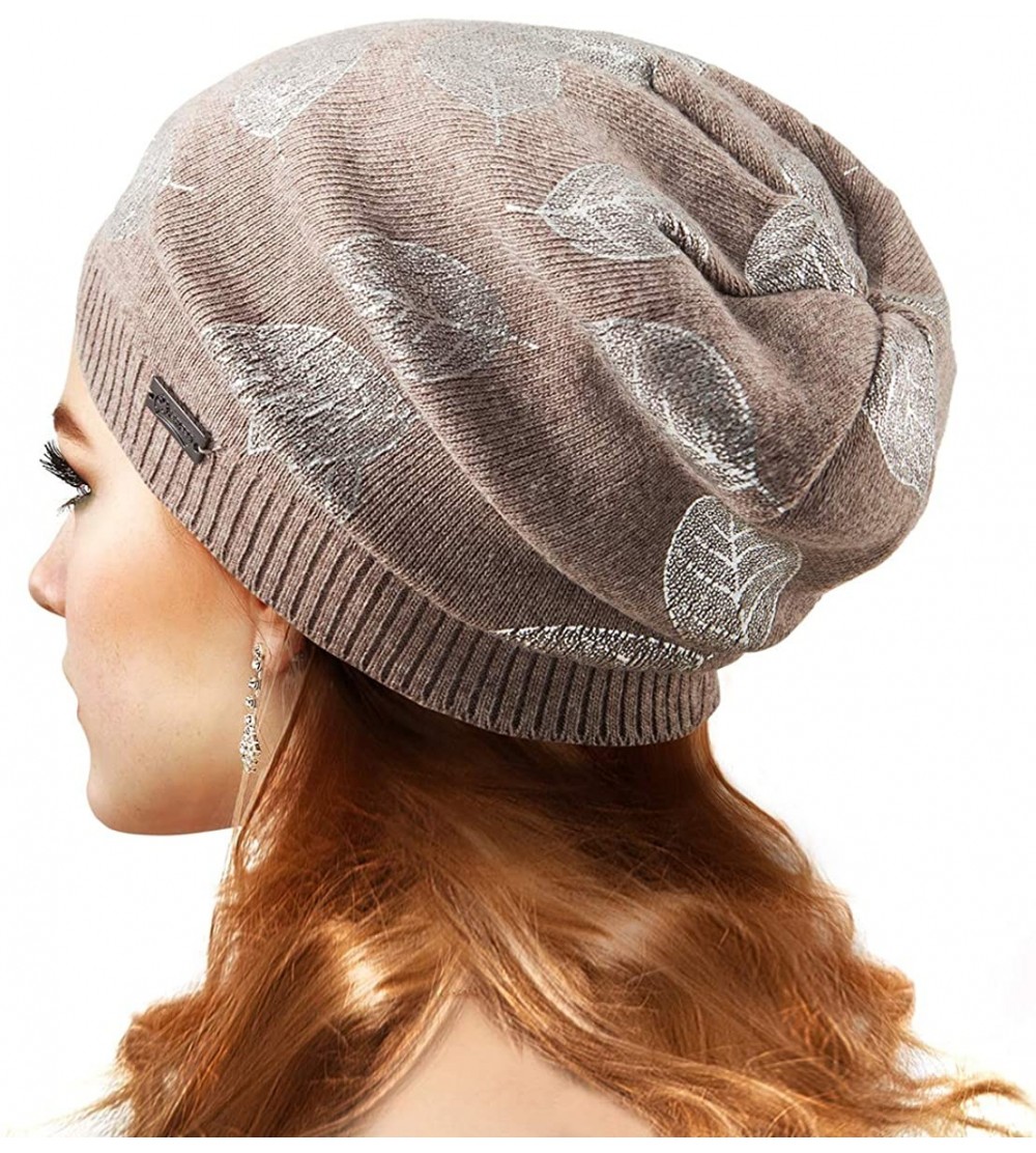 Skullies & Beanies Womens Beanie Printed Slouchy Wool - Beany for Women Knit Hats Caps Soft Warm - Coffee-silver Leaf - CR187...