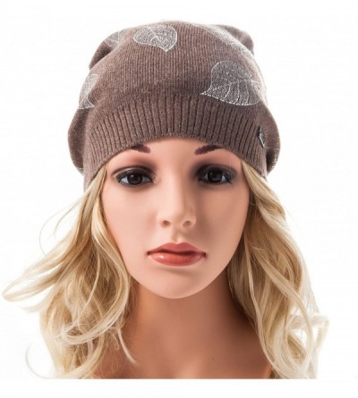 Skullies & Beanies Womens Beanie Printed Slouchy Wool - Beany for Women Knit Hats Caps Soft Warm - Coffee-silver Leaf - CR187...