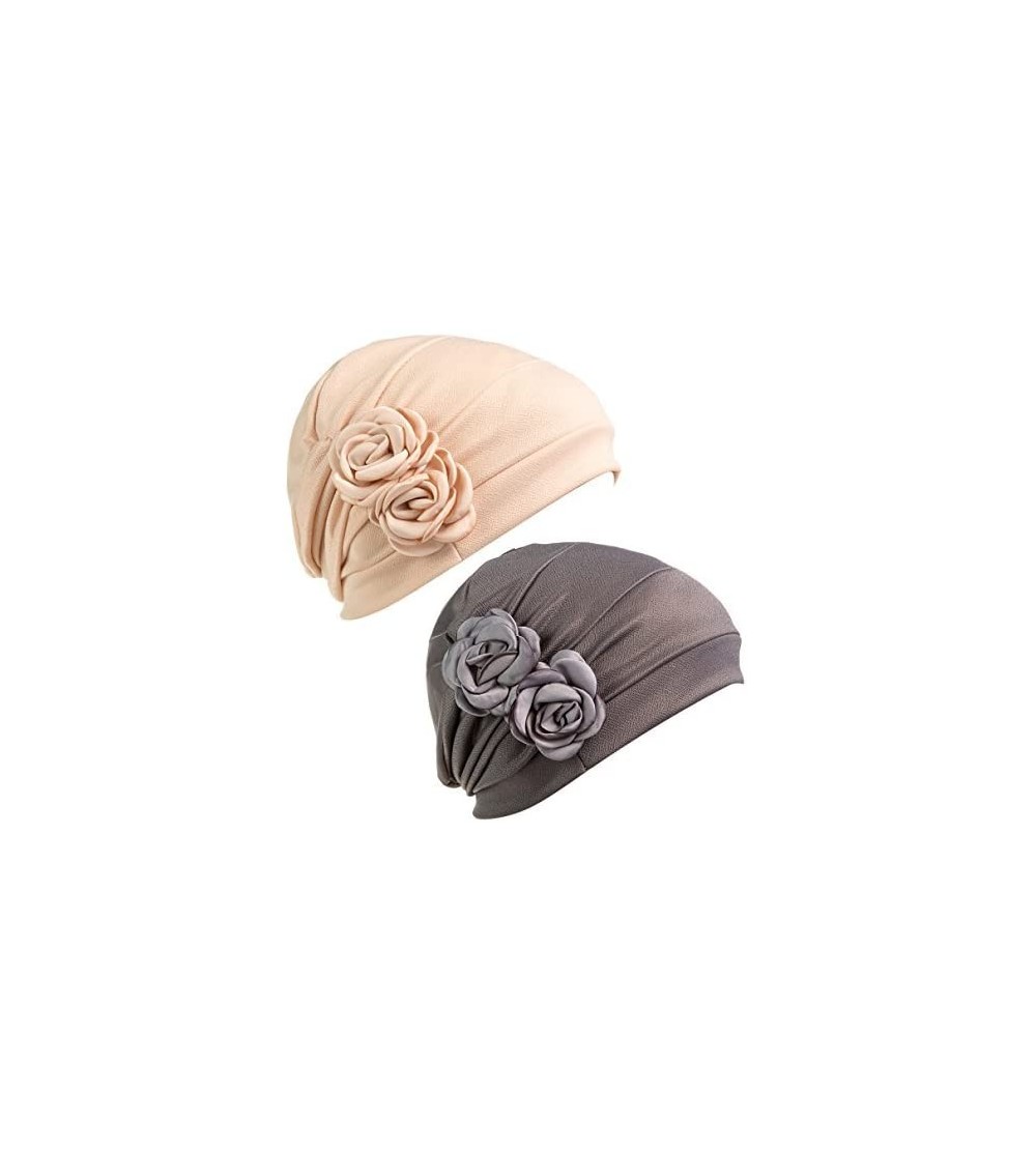 Headbands Print Flower Cap Cancer Hats Beanie Stretch Casual Turbans for Women - Beige+gray - C418CUT3YCG $21.62