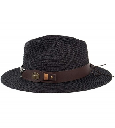 Sun Hats Summer Fedora Straw Panama Hat Roll up Straw Beach Sun Hat Sun Protection UPF50+ - B-black - C818UMGCEDY $9.82