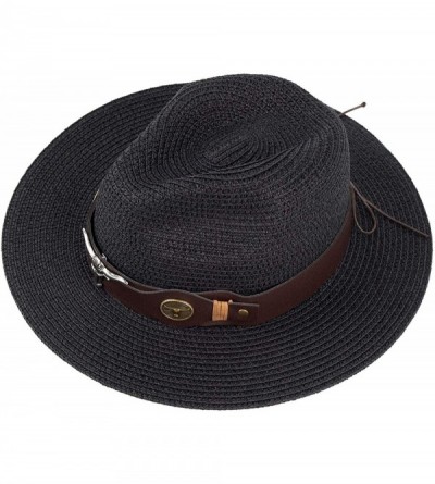 Sun Hats Summer Fedora Straw Panama Hat Roll up Straw Beach Sun Hat Sun Protection UPF50+ - B-black - C818UMGCEDY $9.82