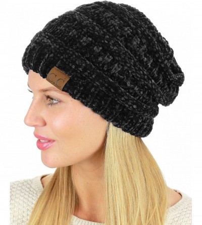 Skullies & Beanies Women's Chenille Soft Warm Thick Knit Beanie Cap Hat - Black - C618IQG7KAM $13.43