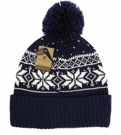 Skullies & Beanies Exclusive Snowflake Pattern Pom Pom Winter Cuff Beanie Hat - Navy - CI12709G5DL $13.00