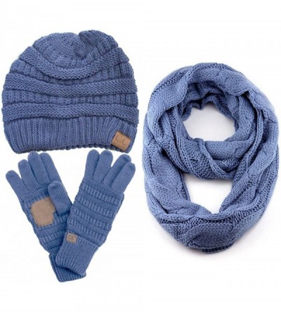 Skullies & Beanies 3pc Set Trendy Warm Chunky Soft Stretch Cable Knit Beanie Scarves Gloves Set - Denim - C6187GLEQ5R $36.44