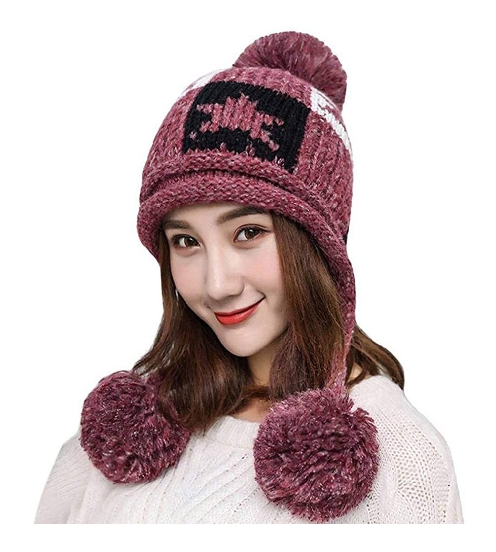 Skullies & Beanies Women Winter Thick Beanie Hat Warm Cable Knitted Ski Earflaps Pom Pom Caps - Wine Red - CB18K6YH27D $15.30