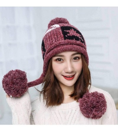 Skullies & Beanies Women Winter Thick Beanie Hat Warm Cable Knitted Ski Earflaps Pom Pom Caps - Wine Red - CB18K6YH27D $15.30