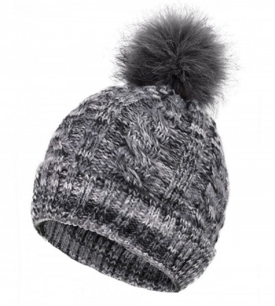 Skullies & Beanies Cable Knit Beanie with Faux Fur Pompom Ears - W_mix Grey - C218A9LRN74 $9.14
