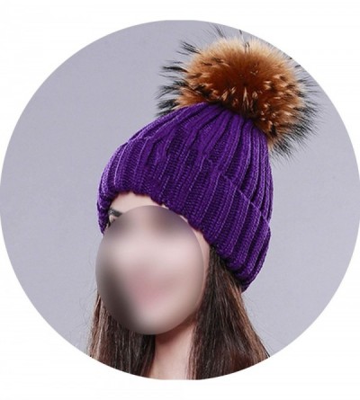 Skullies & Beanies Knitted Real Fur Hat 100% Real Raccoon Fur Pom Pom Hat Winter Women Hat Beanie for Women - Purple - CJ18LZ...