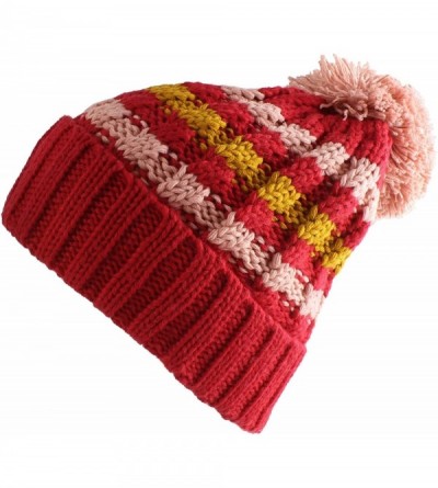 Berets Multi Color Pom Pom Crochet Thick Knit Slouchy Beanie Beret Winter Ski Hat - Stripe Red/Pink - CB12BGNLVN1 $21.68