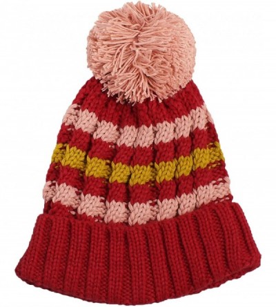 Berets Multi Color Pom Pom Crochet Thick Knit Slouchy Beanie Beret Winter Ski Hat - Stripe Red/Pink - CB12BGNLVN1 $19.54
