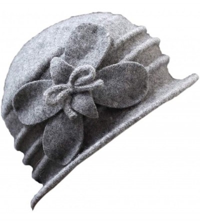Fedoras Women 100% Wool Solid Color Round Top Cloche Beret Cap Flower Fedora Hat - 2 Grey - CY186WY0L9N $34.92