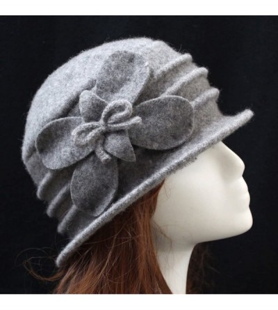 Fedoras Women 100% Wool Solid Color Round Top Cloche Beret Cap Flower Fedora Hat - 2 Grey - CY186WY0L9N $30.35