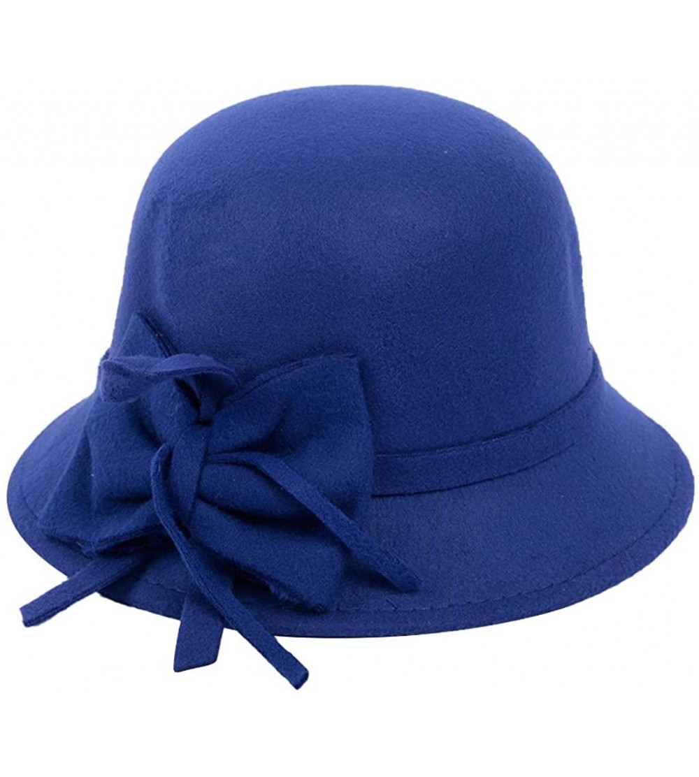 Fedoras Women's Retro Ribbon Flower Bow Solid Color Fedora Bowler Hat Caps - Blue - C319333GONE $6.97
