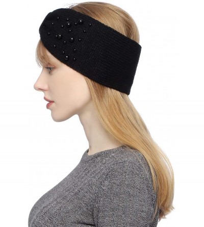 Cold Weather Headbands Knit Head Band Warm Headwrap Ear Warmer with Man-Made Pearls for Womens Girls - Black - CS18X6WGGNE $9.85