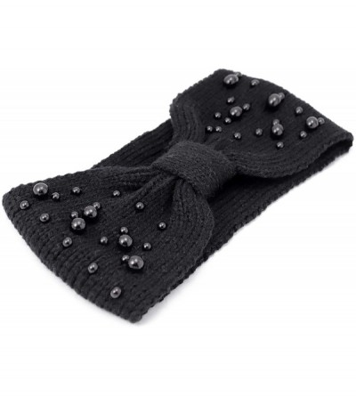 Cold Weather Headbands Knit Head Band Warm Headwrap Ear Warmer with Man-Made Pearls for Womens Girls - Black - CS18X6WGGNE $9.85
