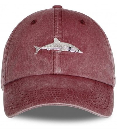 Baseball Caps Unisex Baseball Hat Shark Embroidery Washed Denim Adjustable Baseball Cap - Winered - CJ186YD5A73 $20.29