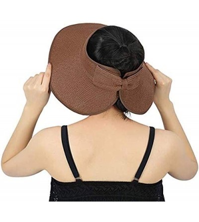 Sun Hats Women & Girls Foldable Roll Up Wide Brim Visor Hat Sports Beach Straw Hat Stripe Sun Cap - Women Coffee - CK18EX6HSX...