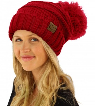 Skullies & Beanies Oversized Super Big Slouchy Pom Pom Warm Chunky Stretchy Knit Beanie Hat - Solid Red - CP185TZLUYN $8.91