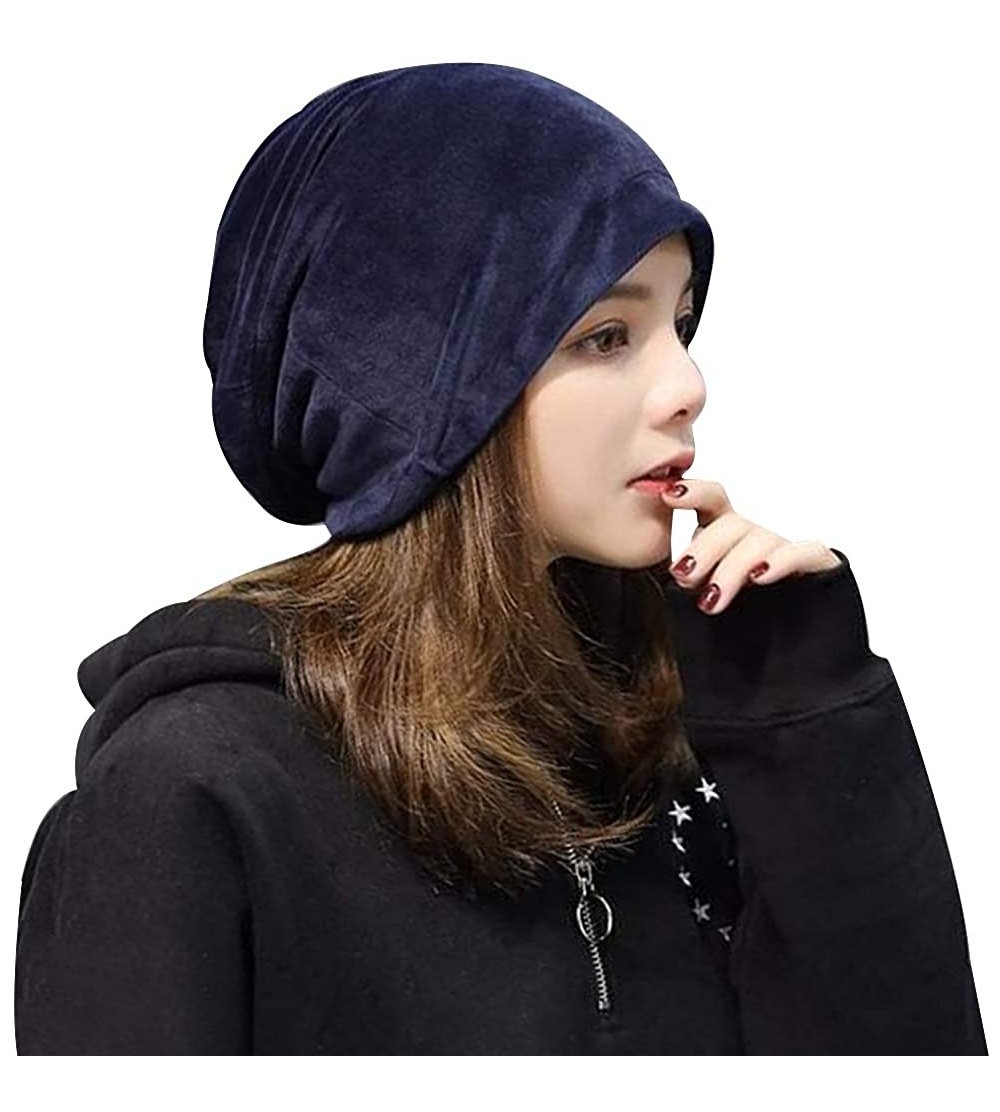 Skullies & Beanies Women Fashion Leisure Winter Warm Hat Velvet Soft Beanie for Outdoors - Navy Blue - CY188E46QK4 $14.99