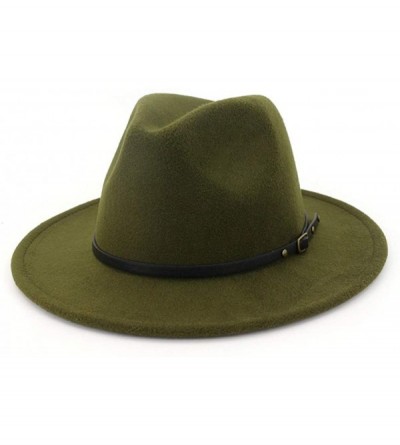 Fedoras Womens Classic Wide Brim Floppy Panama Hat Belt Buckle Wool Fedora Hat - Army Green - C118SG6X0SC $18.41