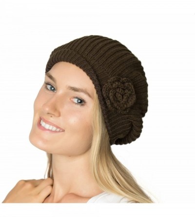 Berets Womens Fall Winter Ribbed Knit Beret Double Layers with Flower - Brown - CL126OIA2ZZ $8.07