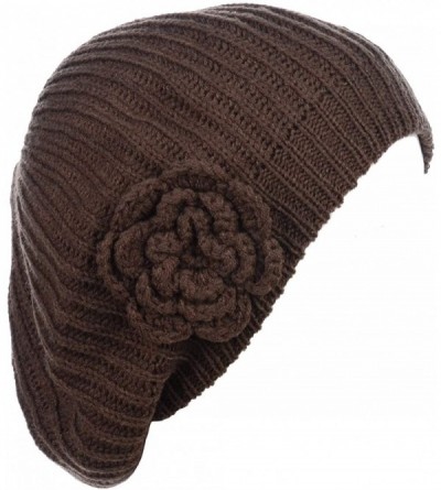 Berets Womens Fall Winter Ribbed Knit Beret Double Layers with Flower - Brown - CL126OIA2ZZ $18.40