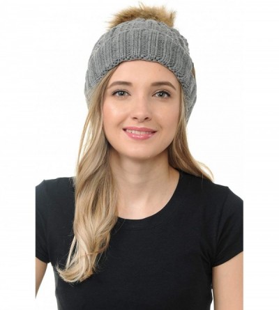 Skullies & Beanies Cable Knit Beanie with Faux Fur Pom - Warm- Soft- Thick Beanie Hats for Women & Men - Light Melange Grey -...