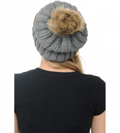 Skullies & Beanies Cable Knit Beanie with Faux Fur Pom - Warm- Soft- Thick Beanie Hats for Women & Men - Light Melange Grey -...