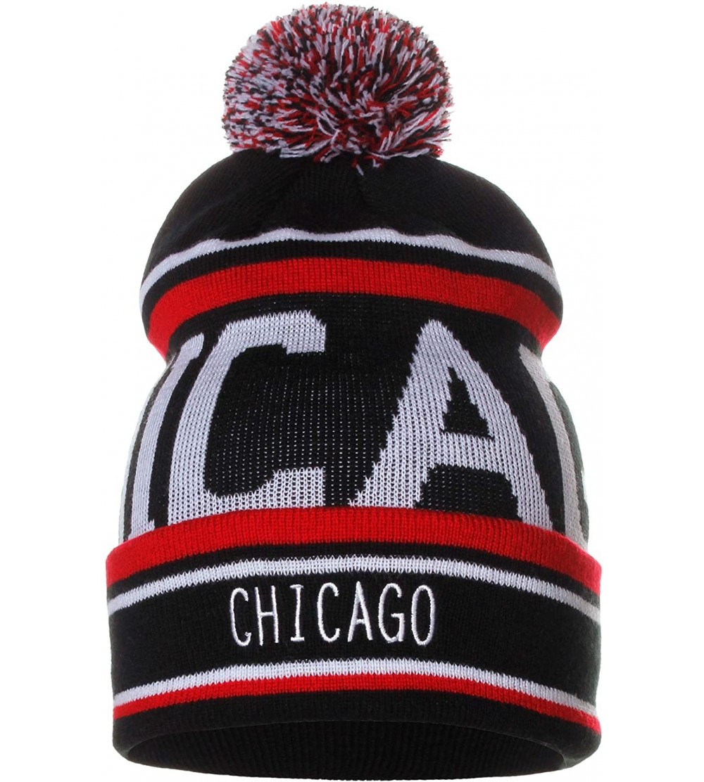 Skullies & Beanies Unisex USA Cities Fashion Large Letters Pom Pom Knit Hat Beanie - Chicago Black Red - C412NGGK1EL $10.64
