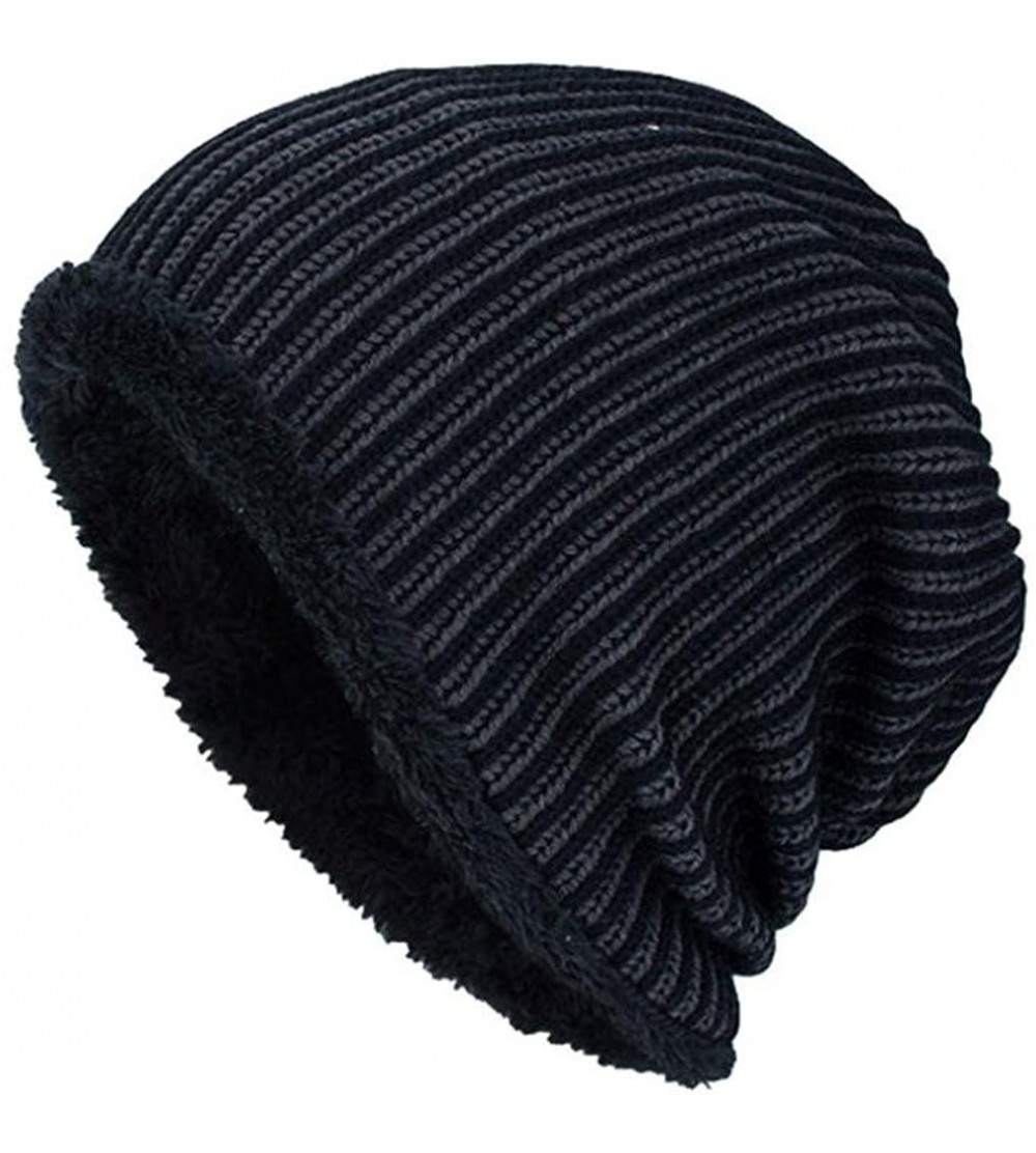 Skullies & Beanies Men Winter Stripe Knit Beanie Hats Wool Knit Warm Hat Ski Caps - Black - C7188O9G5ER $8.30