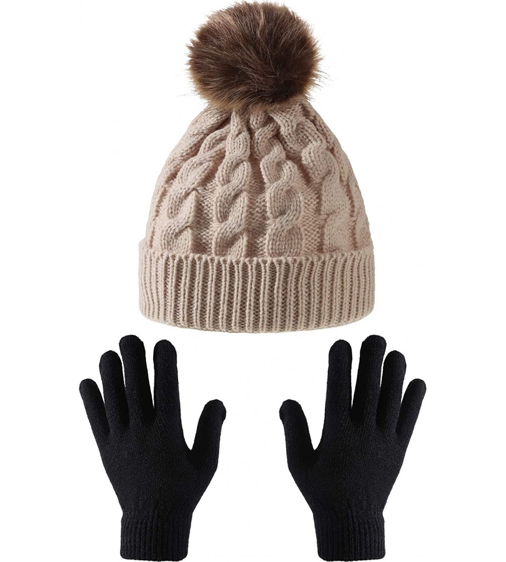 Skullies & Beanies Women's Winter Knitted Beanie Hat with Faux Fur Pom Slouchy Hat and Full Finger Knitted Gloves - Beige Ha ...