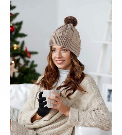 Skullies & Beanies Women's Winter Knitted Beanie Hat with Faux Fur Pom Slouchy Hat and Full Finger Knitted Gloves - Beige Ha ...