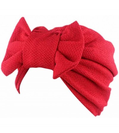 Skullies & Beanies Women Solid Bow Pre Tied Cancer Chemo Hat Beanie Turban Stretch Head Wrap Cap - Red - CQ185N9K03M $10.64
