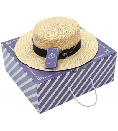 Sun Hats Women's Summer Wide Brim Straw Boater Hat Retro Style Flat Top Panama Straw Beach Sun Hat - Black - CL18U6EESTQ $19.74